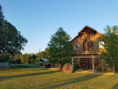 A rustic barn surrounded by trees and a grassy field, with a tractor and hay bale nearby under a clear blue sky.