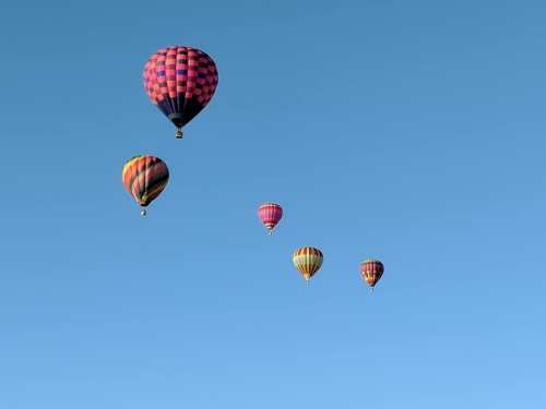 Five colorful hot air balloons floating in a clear blue sky.