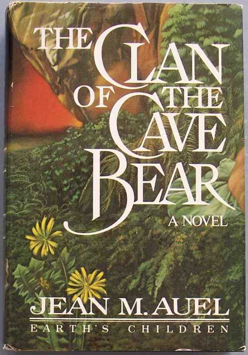 Book cover of "The Clan of the Cave Bear" by Jean M. Auel, featuring a lush, prehistoric landscape.