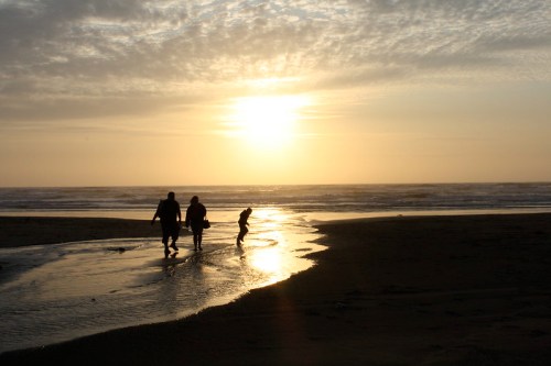 Silhouetted figures walking along a beach at sunset, with golden light reflecting on the water.
