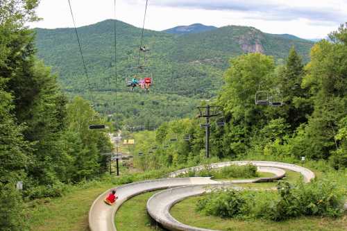 A scenic view of a mountain landscape with a winding slide and chairlift in the background, surrounded by greenery.