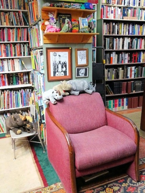 Cozy reading nook with a pink armchair, stuffed animals, and a bookshelf filled with colorful books.