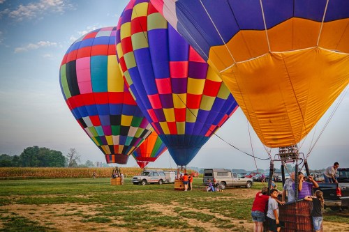 Colorful hot air balloons inflate in a field, with people gathered around and vehicles parked nearby.