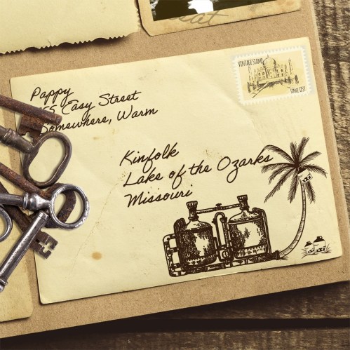 A vintage postcard with a palm tree, keys, and a drawing of a water pump, addressed to "Pappy" in Missouri.