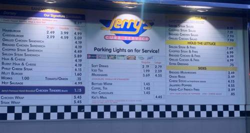 Menu board for Jerry's Curb Service featuring sandwiches, salads, sides, and drinks with prices listed.