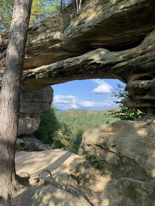 A natural rock arch frames a scenic view of rolling hills and blue sky, surrounded by trees and rocky terrain.
