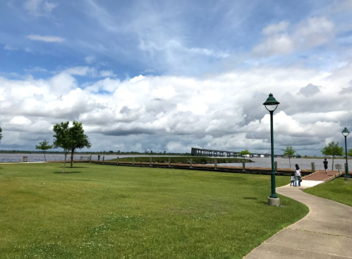 A grassy park by a river with a walkway, trees, and a cloudy sky in the background.