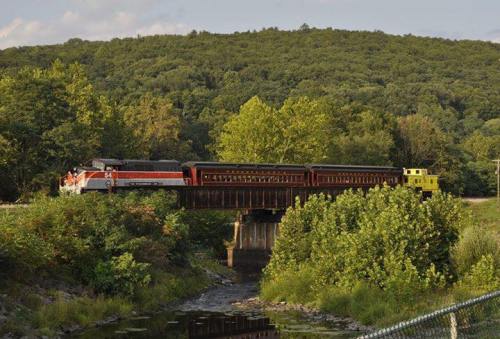 A vintage train crosses a bridge surrounded by lush green trees and hills under a clear sky.