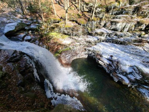 A serene waterfall cascades into a pool, surrounded by icy rocks and trees in a tranquil forest setting.