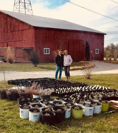 Two women stand in front of a red barn, surrounded by numerous potted plants on the ground.