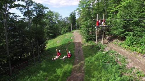 Two people ziplining through a lush green forest, with a platform and trees in the background.