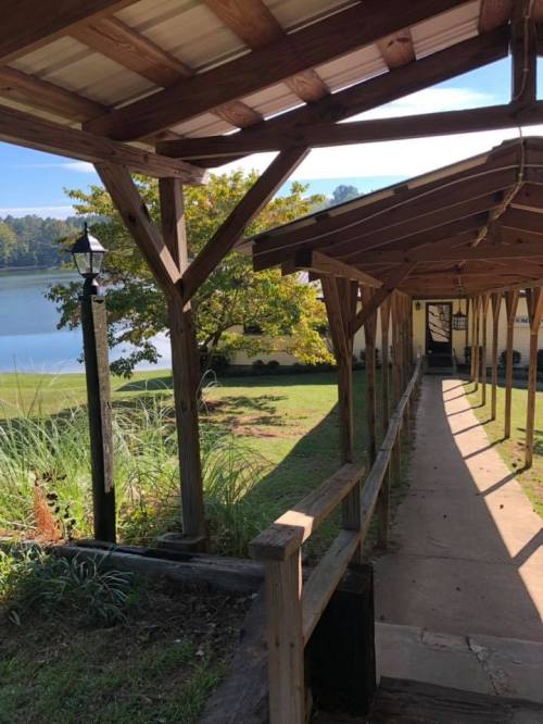 A wooden walkway leads to a serene lake, framed by trees and a clear blue sky.