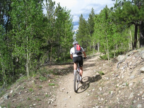 A person riding a mountain bike on a dirt trail surrounded by green trees and rocky terrain.
