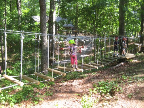 A child in a helmet navigates a rope bridge in a wooded area, surrounded by trees and a path in the background.