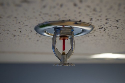 Close-up of a ceiling fire sprinkler with a red indicator, mounted on a textured ceiling.