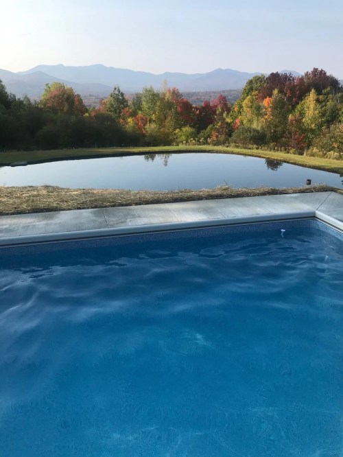 A serene view of a blue swimming pool beside a reflective pond, with colorful autumn trees and mountains in the background.