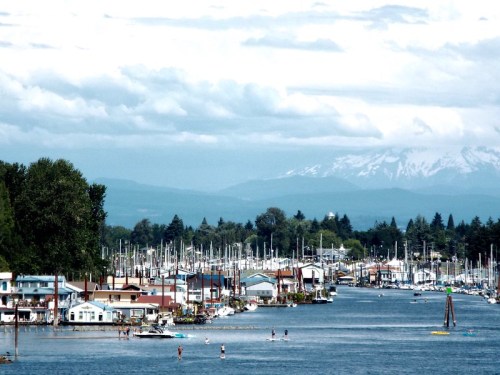 A scenic view of a marina with boats, houses along the shore, and mountains in the background under a cloudy sky.