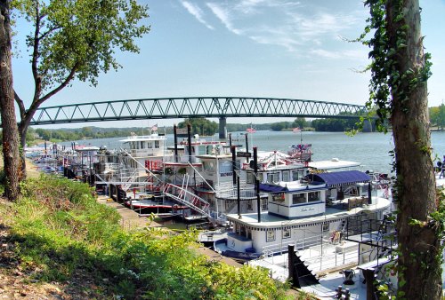 A scenic view of a river with multiple boats docked and a bridge in the background, surrounded by greenery.