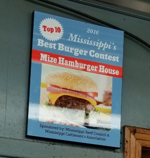 Sign announcing Mize Hamburger House as a top 10 winner in the 2016 Mississippi Best Burger Contest.