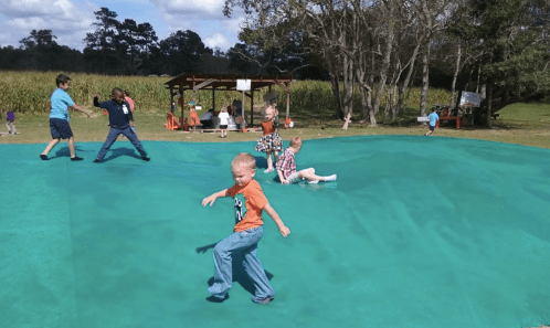 Children playing on a large green surface outdoors, with trees and a play structure in the background.