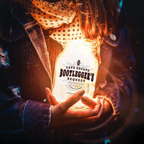 A person holds a glowing jar labeled "Bootlegger's Bequest" against a dark background, creating a magical atmosphere.