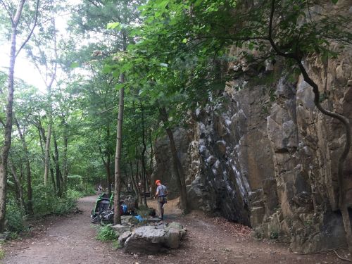 A person in an orange helmet stands near a rocky cliff in a wooded area, with trees and a path visible.