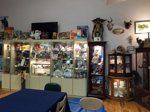 A room filled with display cases showcasing various collectibles, including toys, figurines, and mounted animal heads.