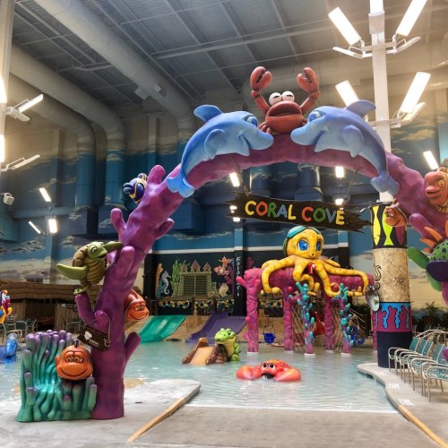 Colorful indoor water park area featuring playful sea creature sculptures and a sign reading "Coral Cove."