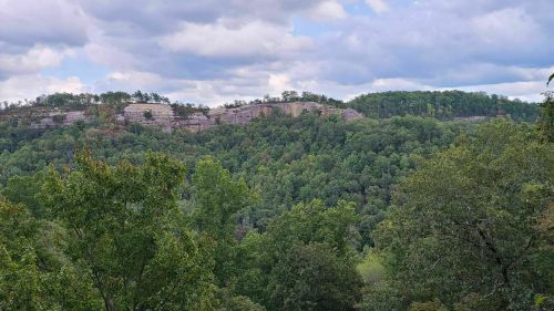 A scenic view of lush green trees and rocky cliffs under a partly cloudy sky.