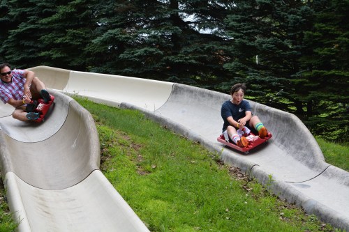 Two people ride down a slide on sleds, surrounded by green grass and trees on a sunny day.