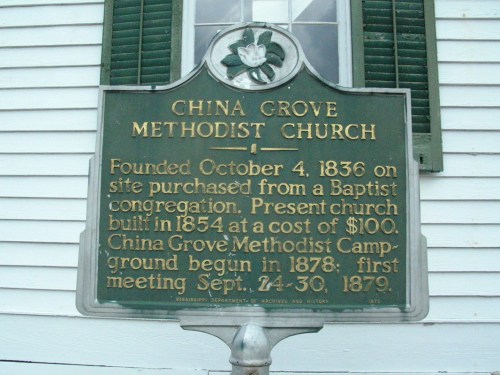 Historical marker for China Grove Methodist Church, detailing its founding in 1836 and construction in 1854.