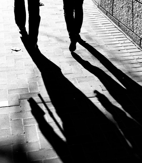 Two people walking on a sidewalk, casting long shadows in black and white.