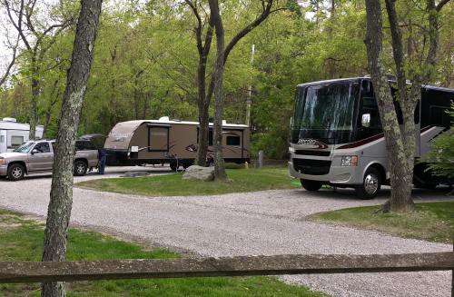 Two RVs parked in a gravel area surrounded by trees, with a vehicle nearby and a person unloading.