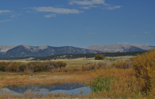 A serene landscape featuring mountains, a clear blue sky, and a reflective pond surrounded by autumn foliage.