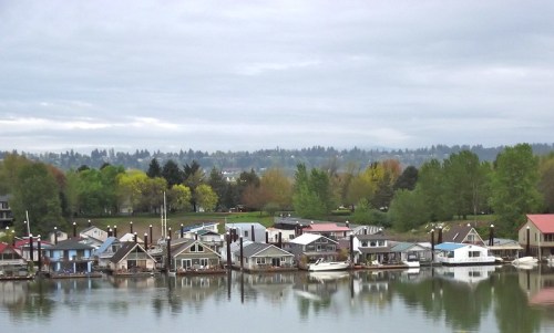 A peaceful waterfront scene featuring colorful houseboats and lush greenery under a cloudy sky.
