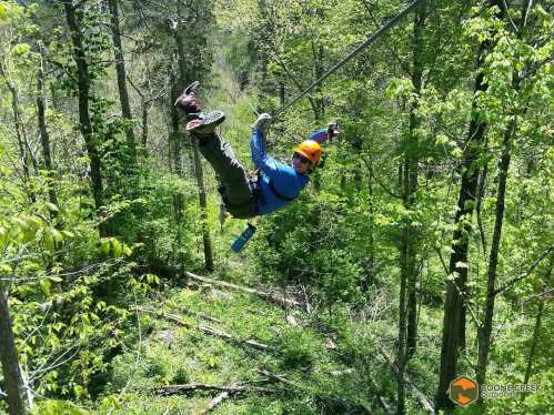 A person zip-lining through a lush green forest, wearing a helmet and harness, enjoying an outdoor adventure.