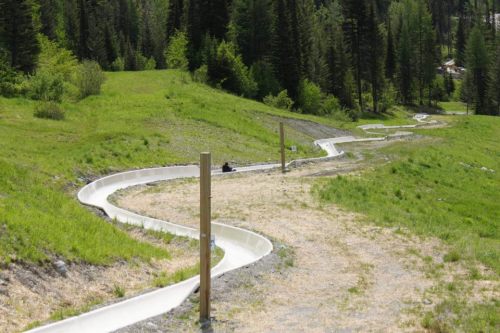 A winding summer slide on a grassy hillside, surrounded by trees and a clear blue sky.