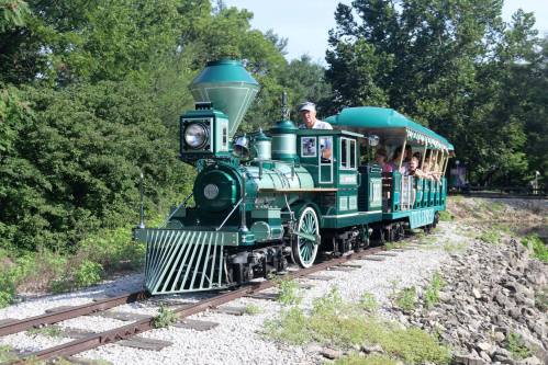 A vintage green steam train pulls a passenger car along a scenic track surrounded by trees.