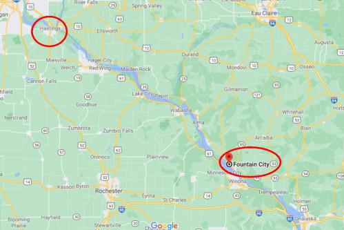 Map showing Hastings and Fountain City, located in Minnesota and Wisconsin, respectively, with nearby towns and highways.