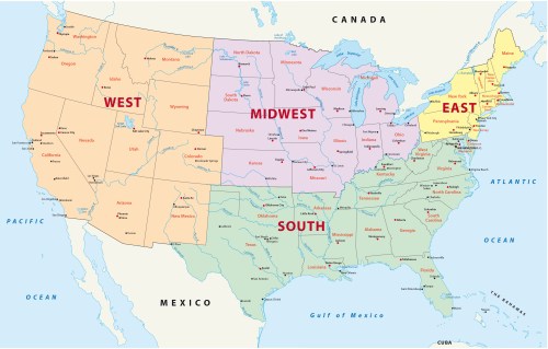 Map of the United States divided into four regions: West, Midwest, South, and East, with state names labeled.