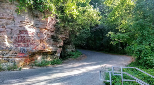 A winding road curves around a rocky cliff, surrounded by lush green trees and foliage.