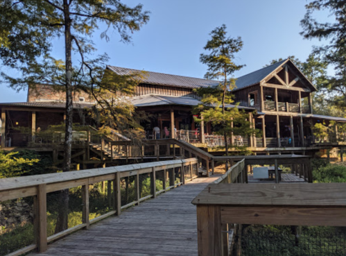 A wooden walkway leads to a large, rustic building surrounded by trees and greenery.