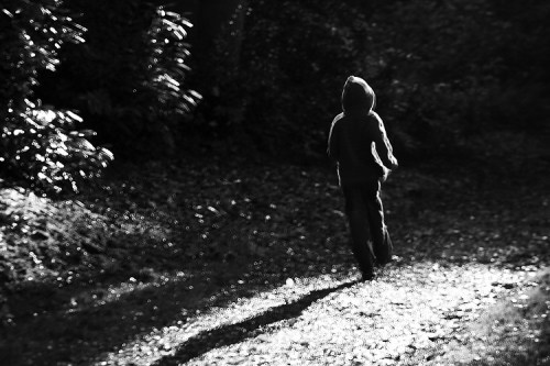 A child in a hooded sweatshirt walks along a shadowy path, surrounded by trees, in a black and white setting.