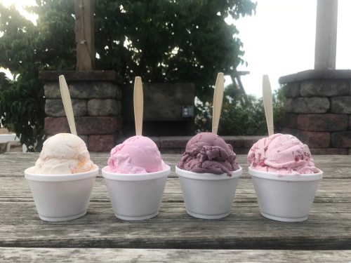 Four cups of ice cream in pastel colors sit on a wooden table, with spoons sticking out of each cup.