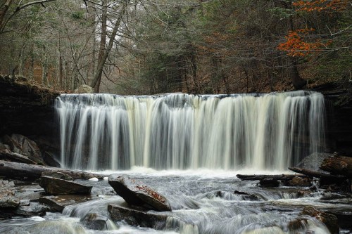 A serene waterfall cascades over rocks, surrounded by bare trees and a tranquil forest setting.
