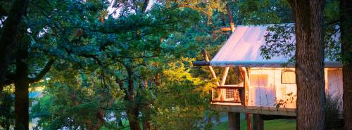 A cozy treehouse nestled among lush green trees, illuminated softly in the evening light.