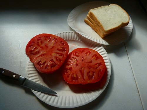 Sliced tomatoes on a paper plate next to a stack of white bread and a knife on a countertop.