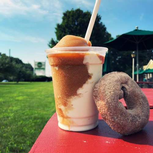 A cup of caramel swirl ice cream next to a chocolate donut, set against a sunny outdoor background.