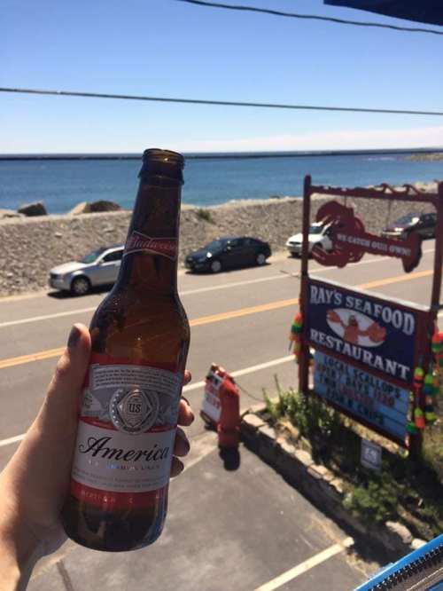 A hand holds a bottle of beer in front of a seaside restaurant sign and a view of the ocean and cars on the road.
