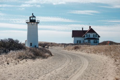 A sandy path leads to a white lighthouse and a nearby house against a clear blue sky.